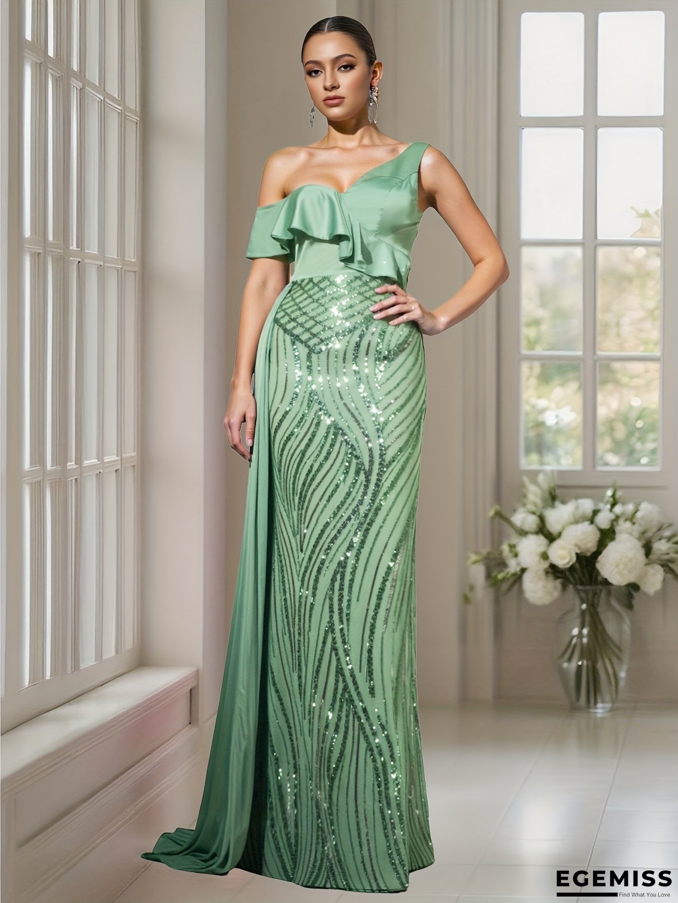 Women's Elegant Formal Evening Gown - Single Shoulder Party Dress With Drop Shoulder Sleeves, Glamorous Wedding & Prom Dress, Wedding Dresse For Bride Mermaid, Empire Waist Dress, Wedding Guest Dresses Women | EGEMISS