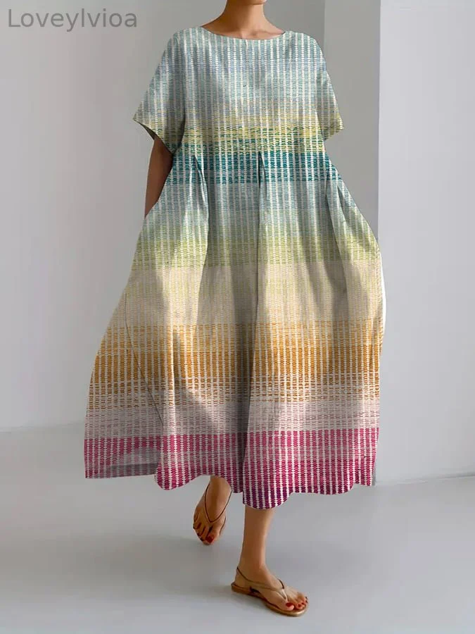 Women's Retro Striped Design Printed Casual Loose Dress