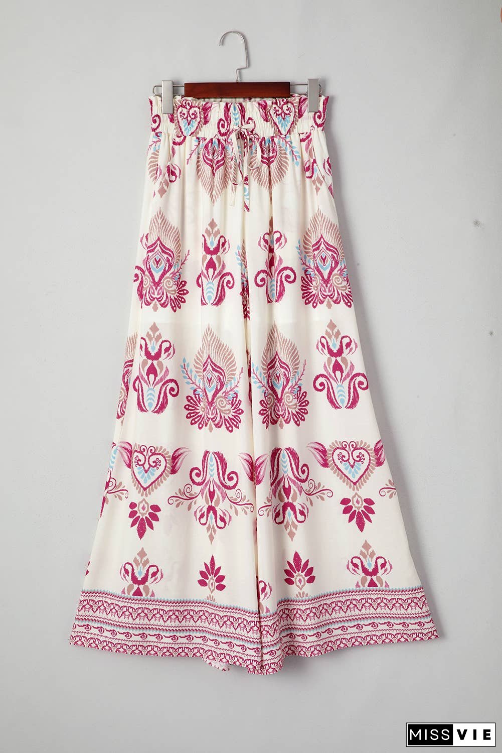 Boho Printed Shirred High Waist Flowy Wide Leg Pants