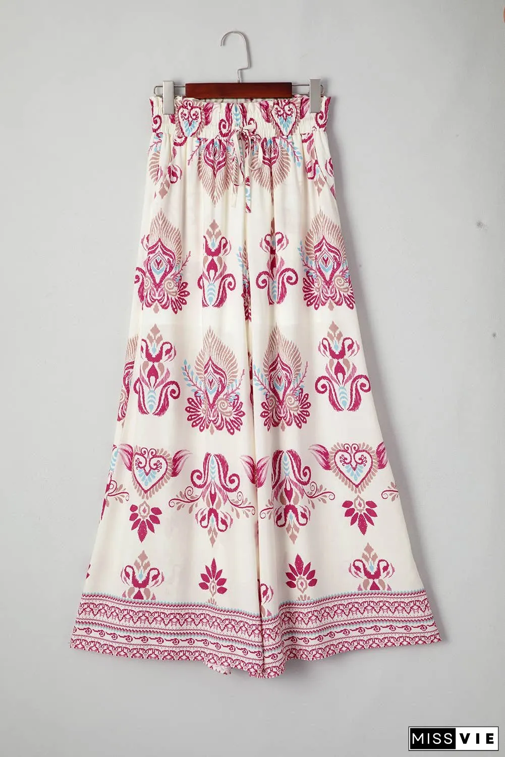 Boho Printed Shirred High Waist Flowy Wide Leg Pants