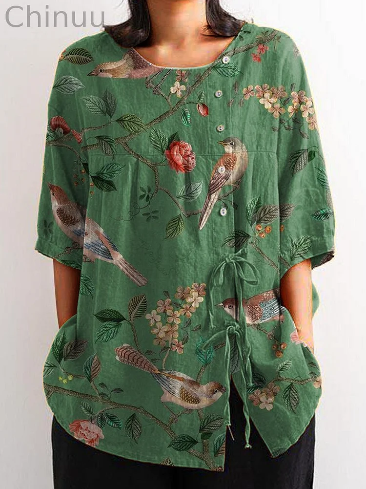 Women's Vintage Lovely Birds Floral Art Print Casual Cotton And Linen Shirt