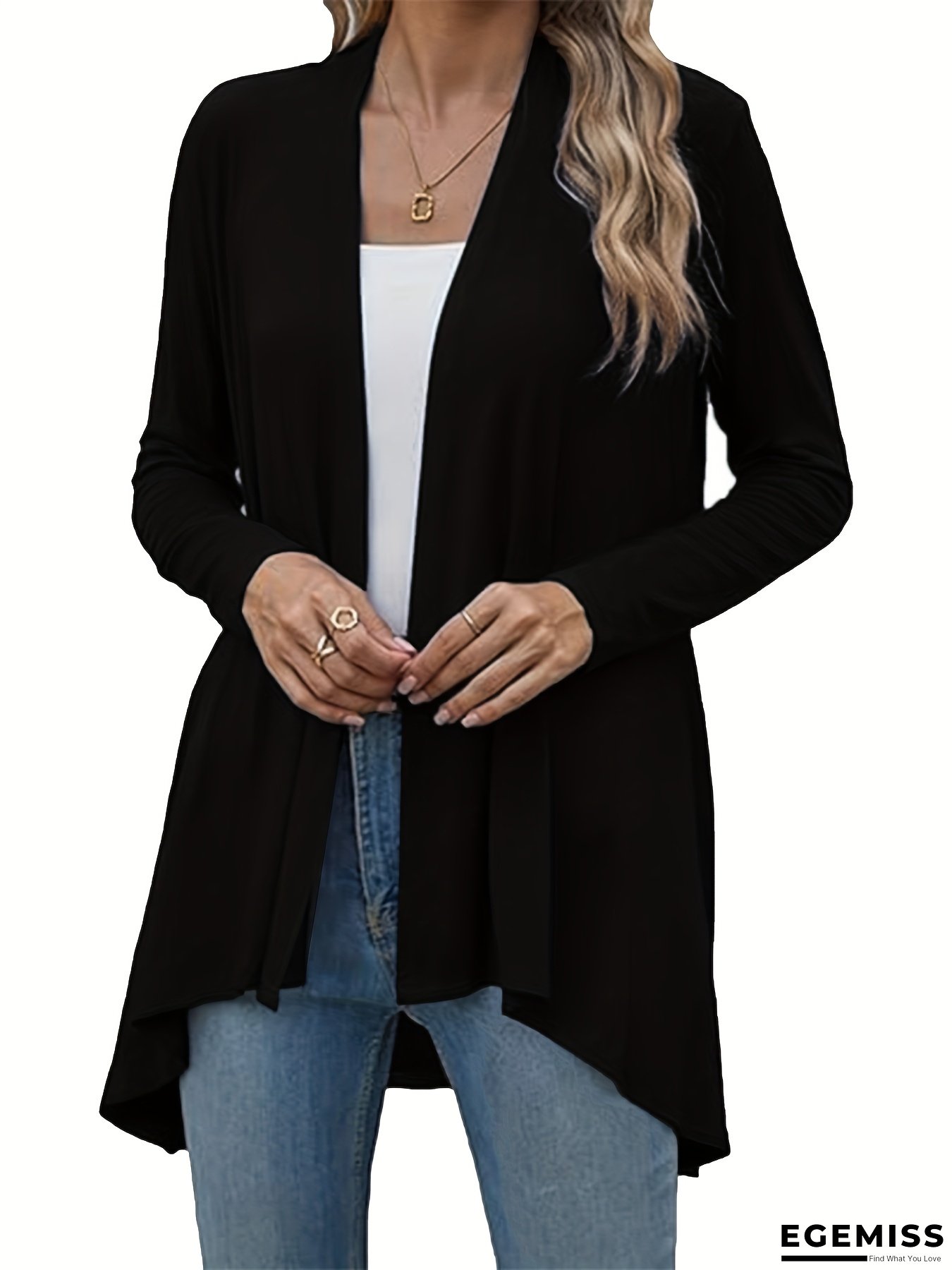 Women&lsquo;s Elegant Solid Color Lightweight Cardigan - Soft, Loose Fit Long Sleeve with Scalloped Hem & Front Pockets, Perfect for Spring/Summer/Fall Casual Wear, Casual Wear Cardigan | Scalloped Hem Cardigan | Medium Stretch Fabric | EGEMISS