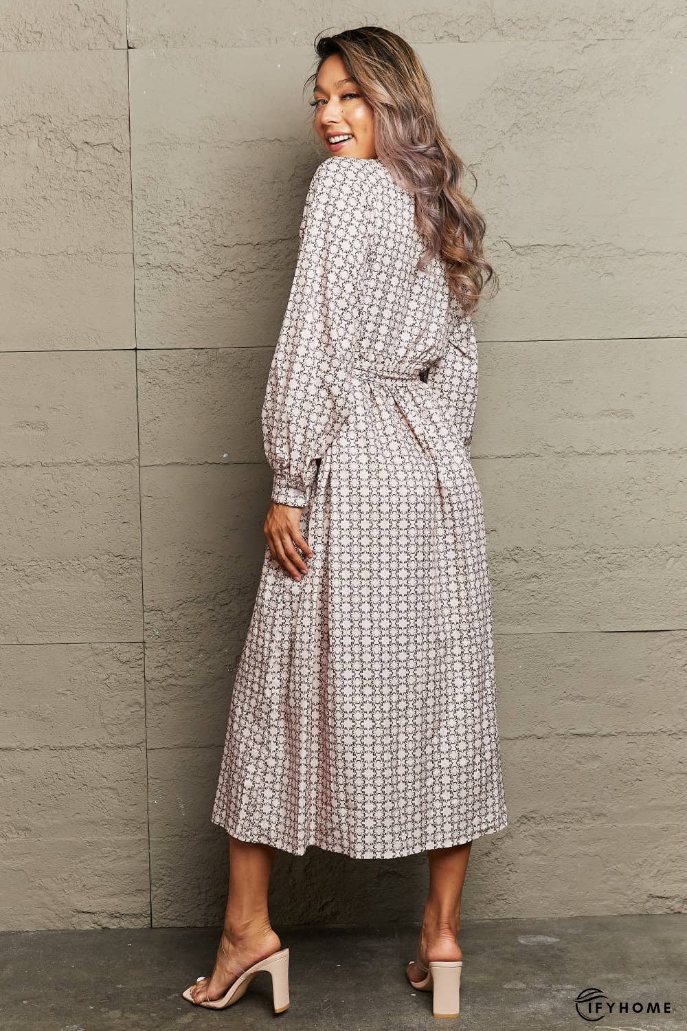Printed Tie Waist Long Sleeve Dress | IFYHOME