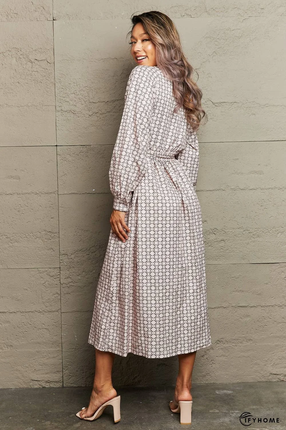 Printed Tie Waist Long Sleeve Dress | IFYHOME