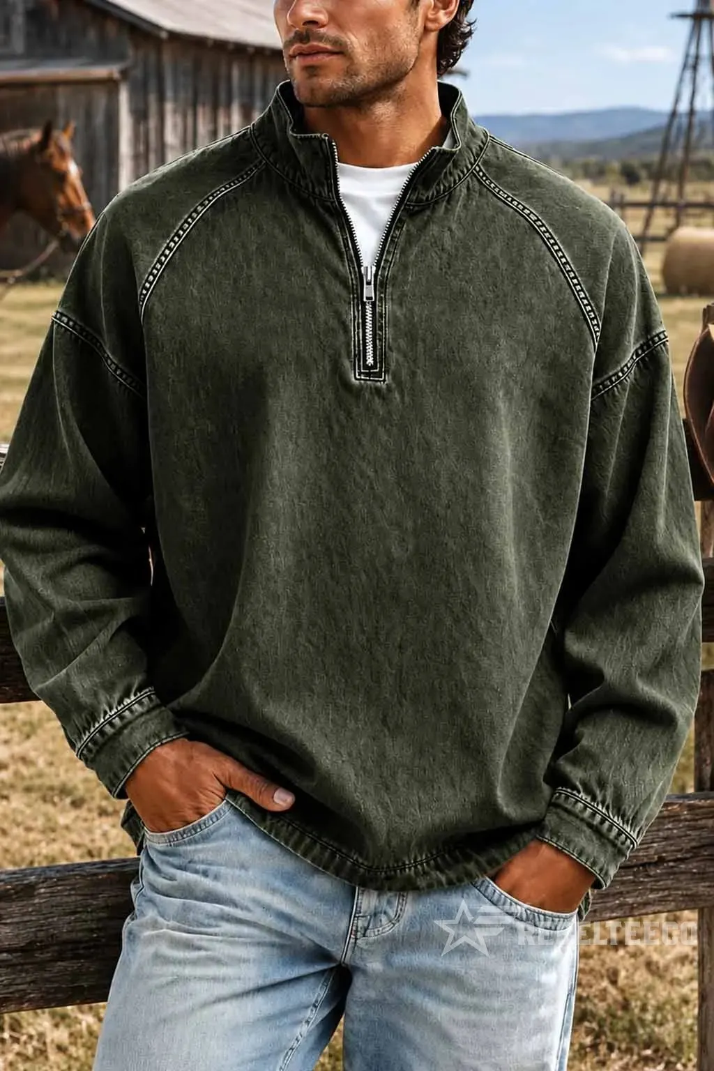 Military green vintage half-zip cotton pullover