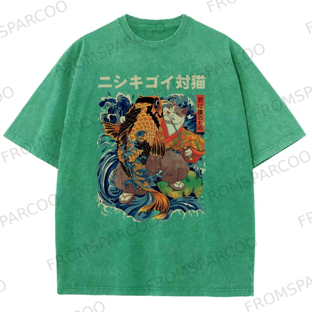 Cat Kill Fish Washed Vintage Short Sleeves T-Shirt