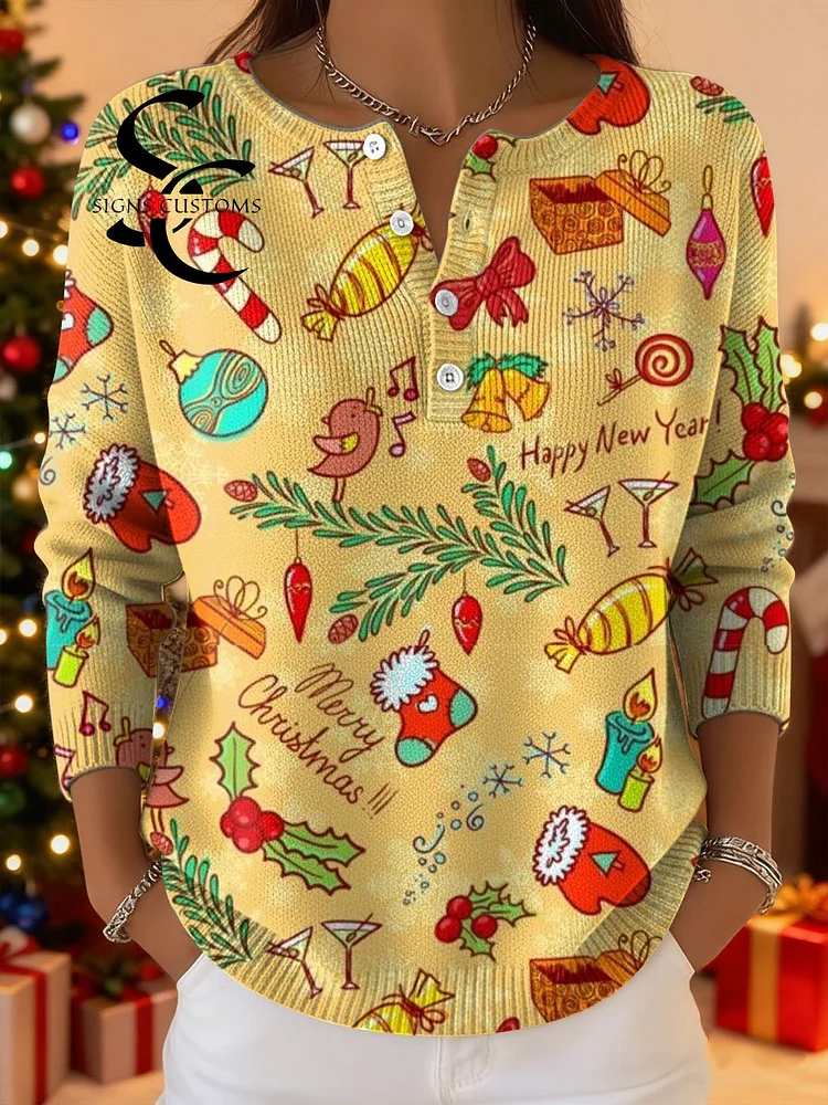 Women's Christmas Pattern Art Print Buttoned Cardigan Sweater