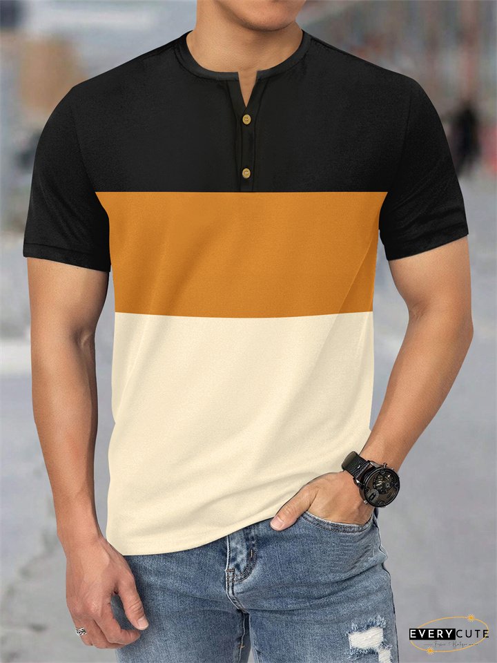 Summer New Large Size Mens Short-sleeved Casual Sports Three-color Splicing T-shirt Henley