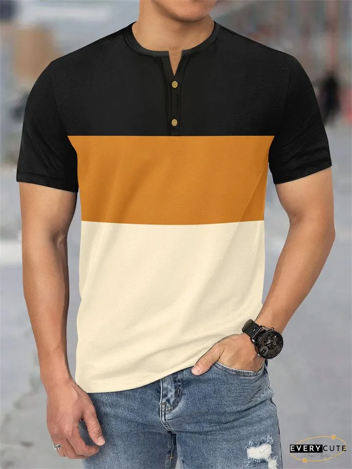 Summer New Large Size Mens Short-sleeved Casual Sports Three-color Splicing T-shirt Henley