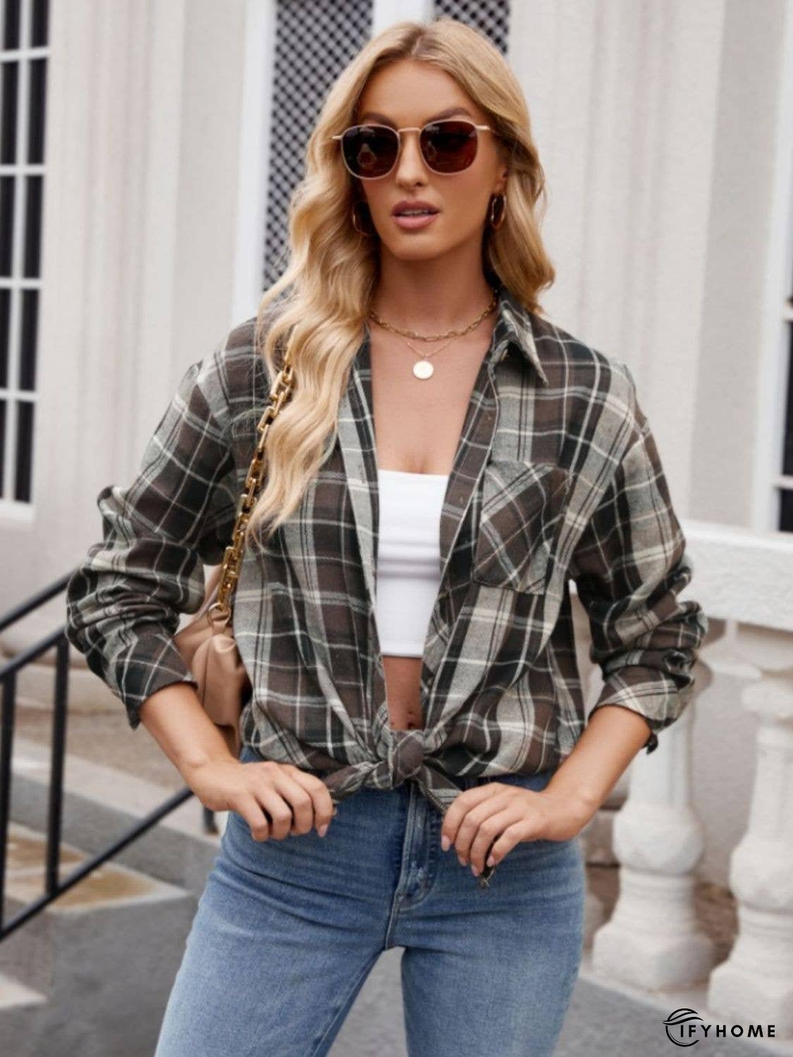 Pocketed Plaid Collared Neck Long Sleeve Shirt | IFYHOME