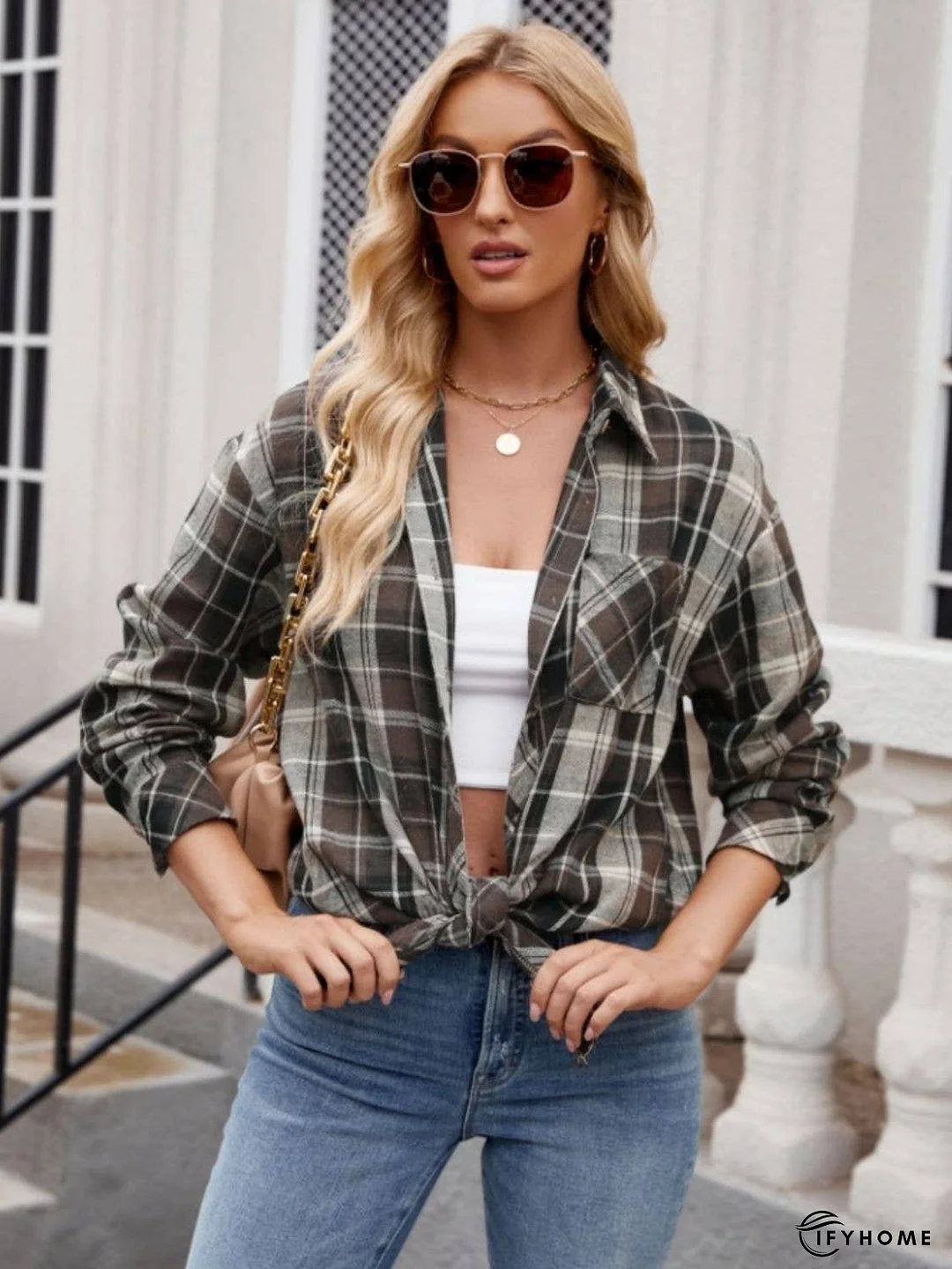 Pocketed Plaid Collared Neck Long Sleeve Shirt | IFYHOME