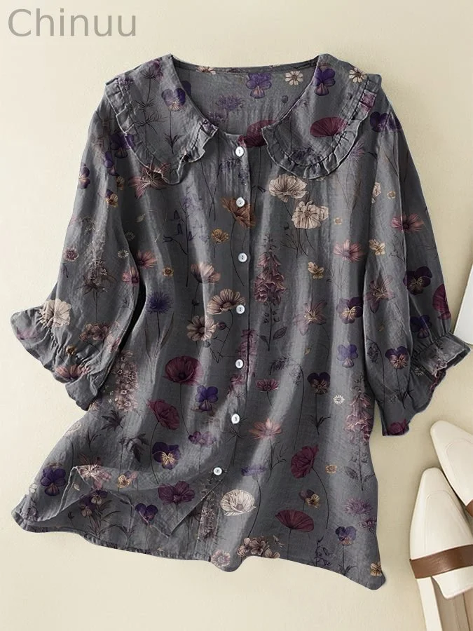Floral Print Cotton and Linen Peter Pan Ruffle Collar Shirt