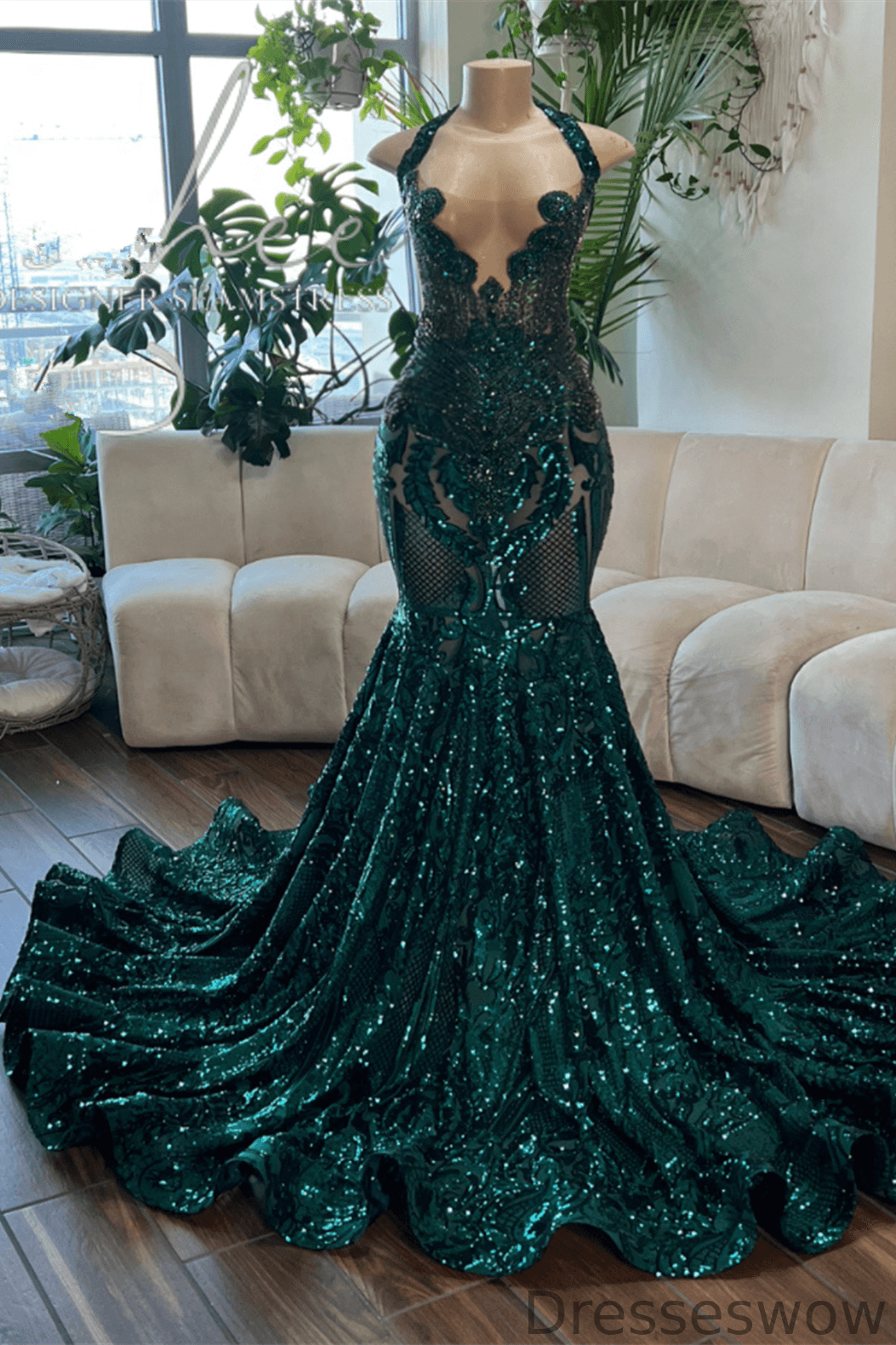 Dresseswow Dark Green Halter Sleeveless Sequins Formal Dresses Mermaid Long