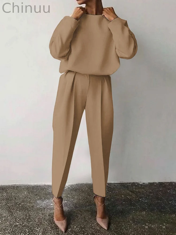 Casual Solid Color Round Neck Pencil Pants Suit