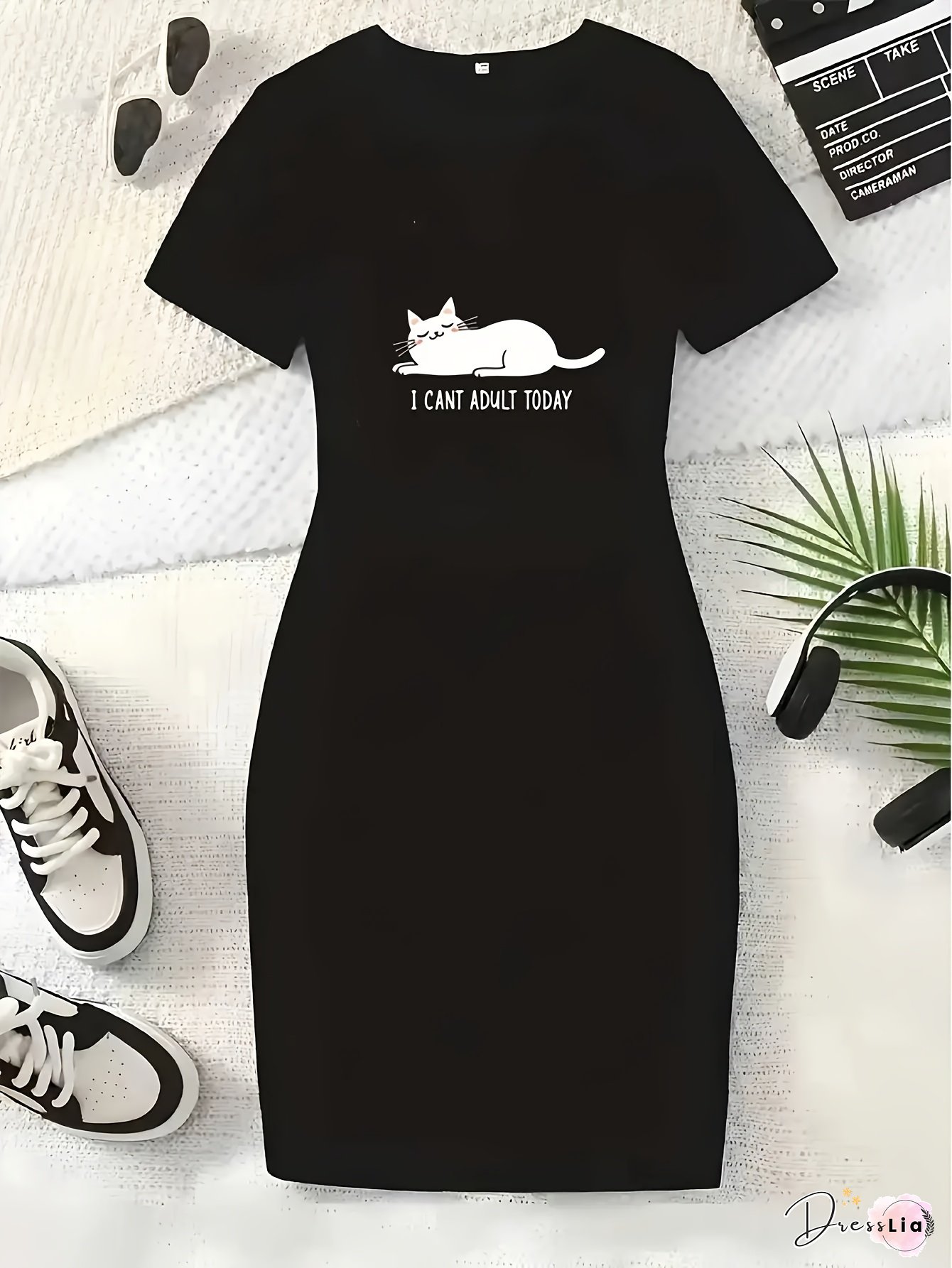 Relaxed Short-Sleeve Cat-Dress For Women Showcasing Cat Design Ideal Those Moments When