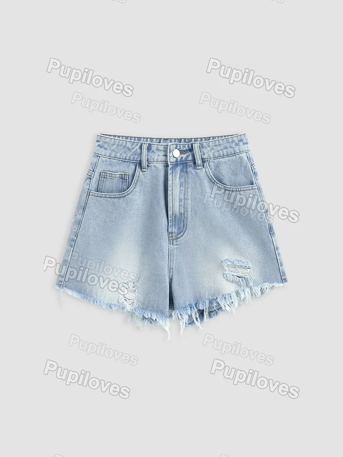 Pupiloves Pupiloves High Waist Ripped Washed Denim Shorts
