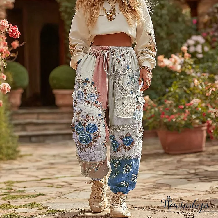 Women's Vintage Floral Patchwork Art Casual Sweatpants