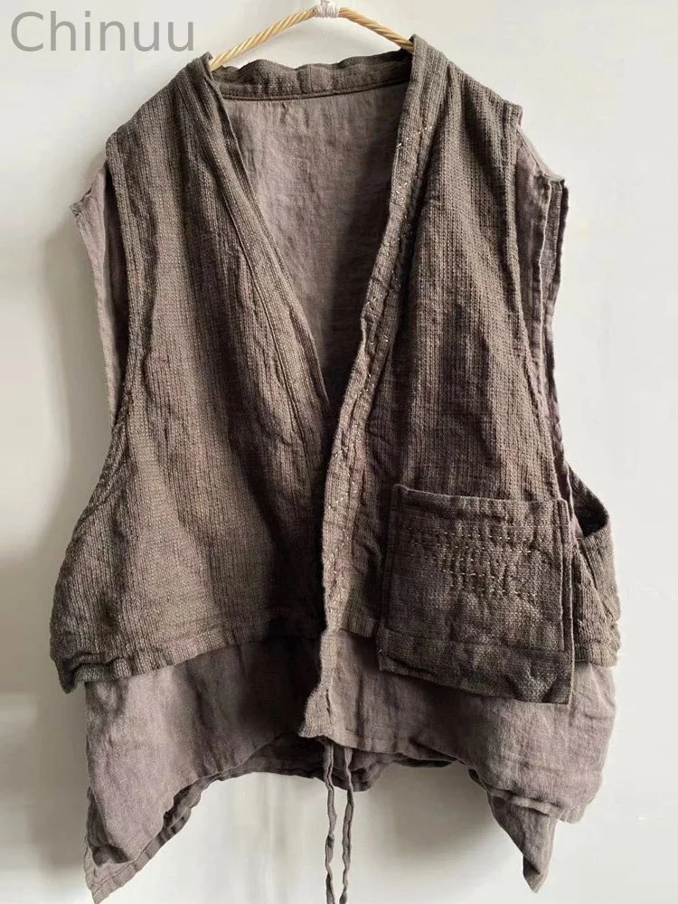 Women's Retro Casual Cotton And Linen Vest Two-piece Set