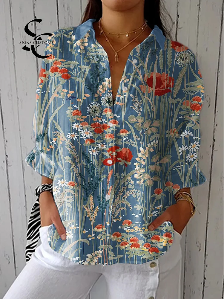 Women's Vintage Flower Art Print Casual Linen V-neck Shirt