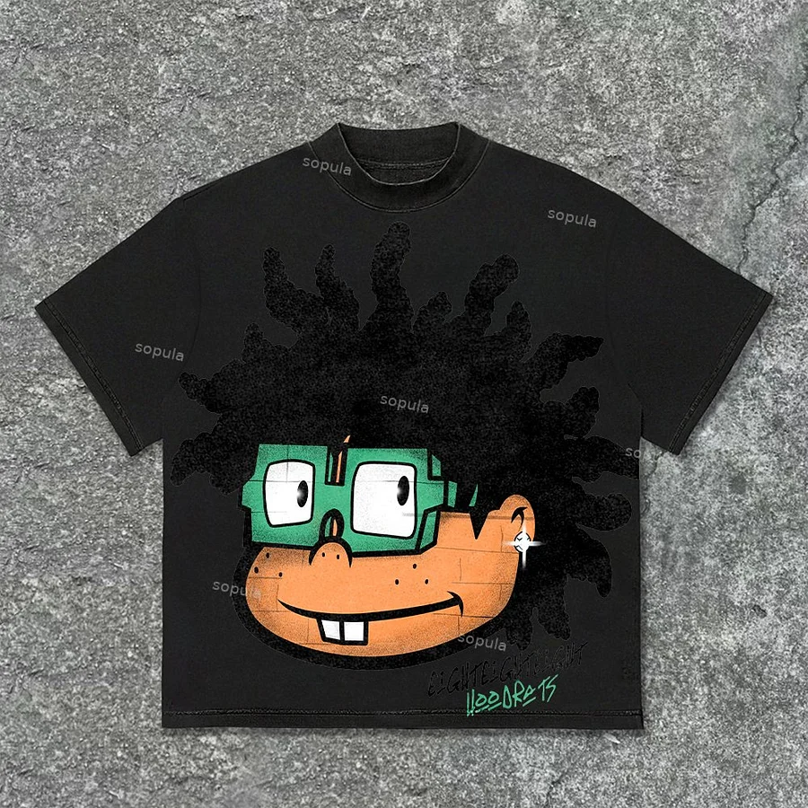 Vintage Cartoon Avatar Print Graphic Cotton T-Shirt