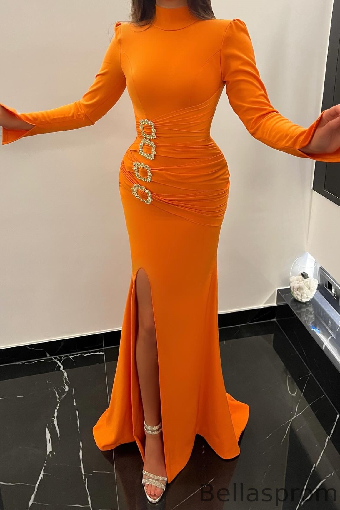 Bellasprom High Neck Orange Prom Dress Mermaid Long Sleeves With Slit Bellasprom