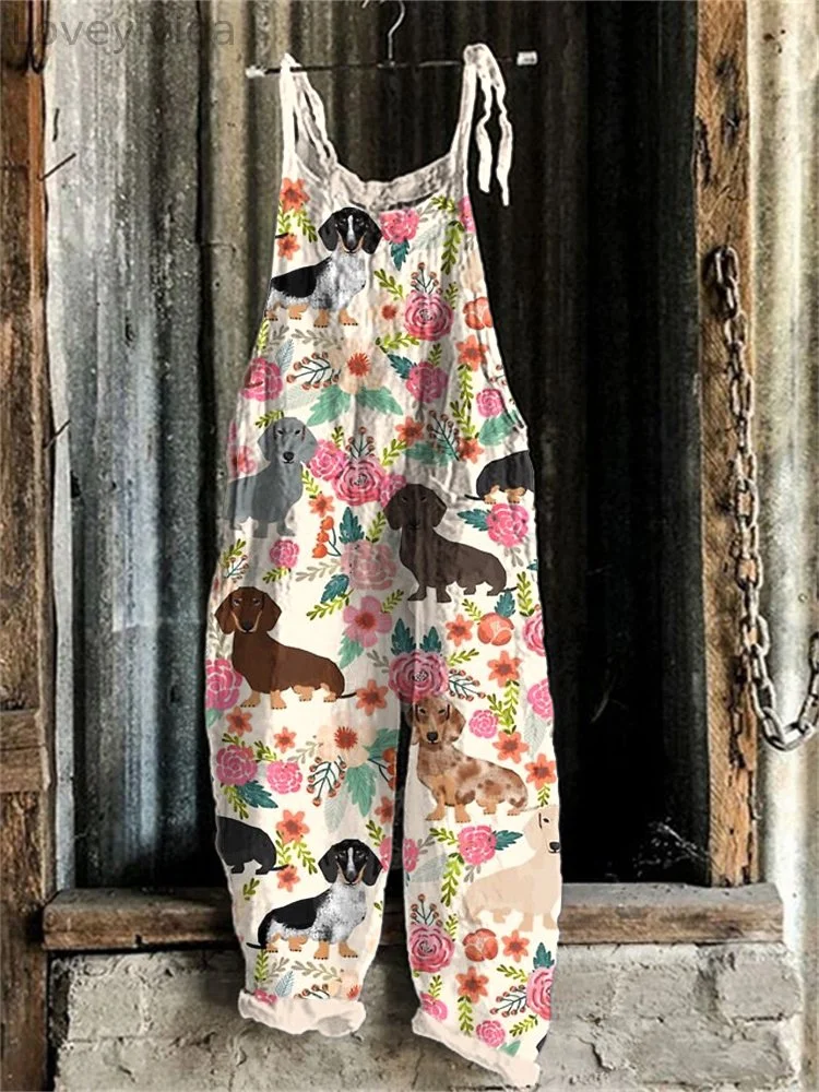Dachshund Dog & Floral Pattern Linen Blend Casual Jumpsuit