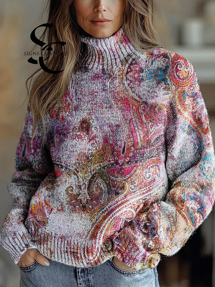 Women's Vintage Pattern Art Print Knit Turtleneck Pullover Sweater