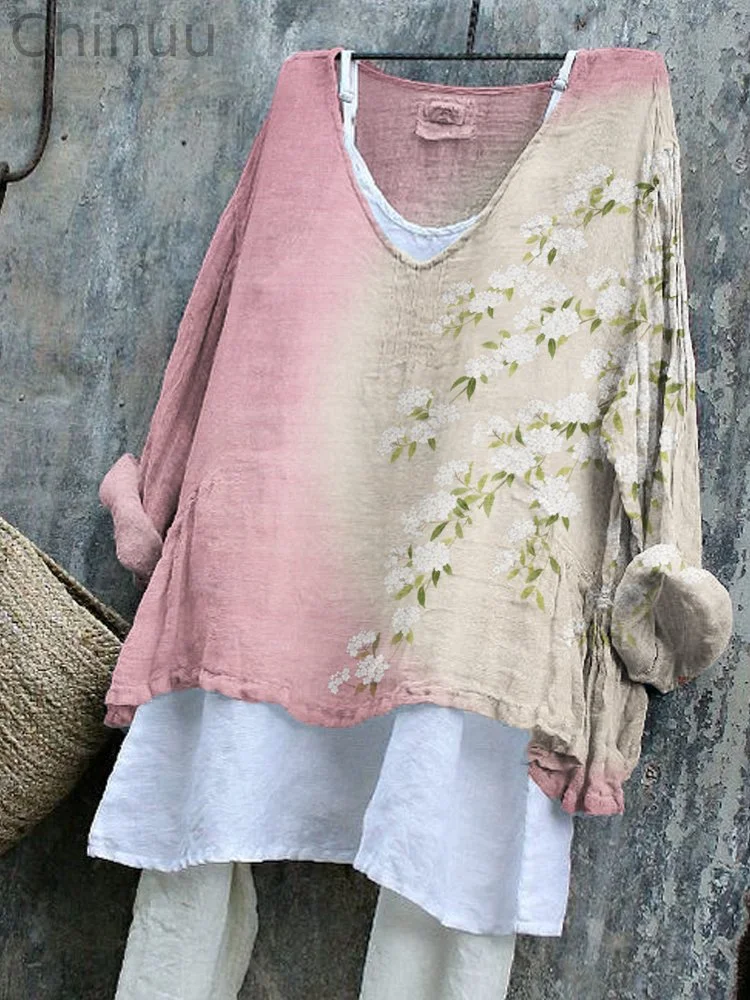 Floral Tree & Full Moon Japanese Art Linen Blend Tunic