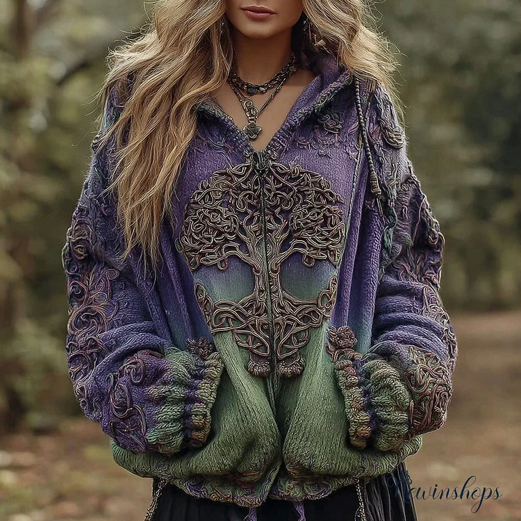 Women's Vintage Viking Tree Of Life Knit Zipper Cardigan Sweater