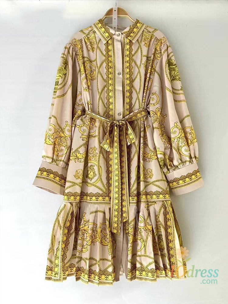 IO Dress Vintage geometric print lapel lace-up waist shirtdress 2025 Spring women's dress fashion pleated hem loose pouffant skirt