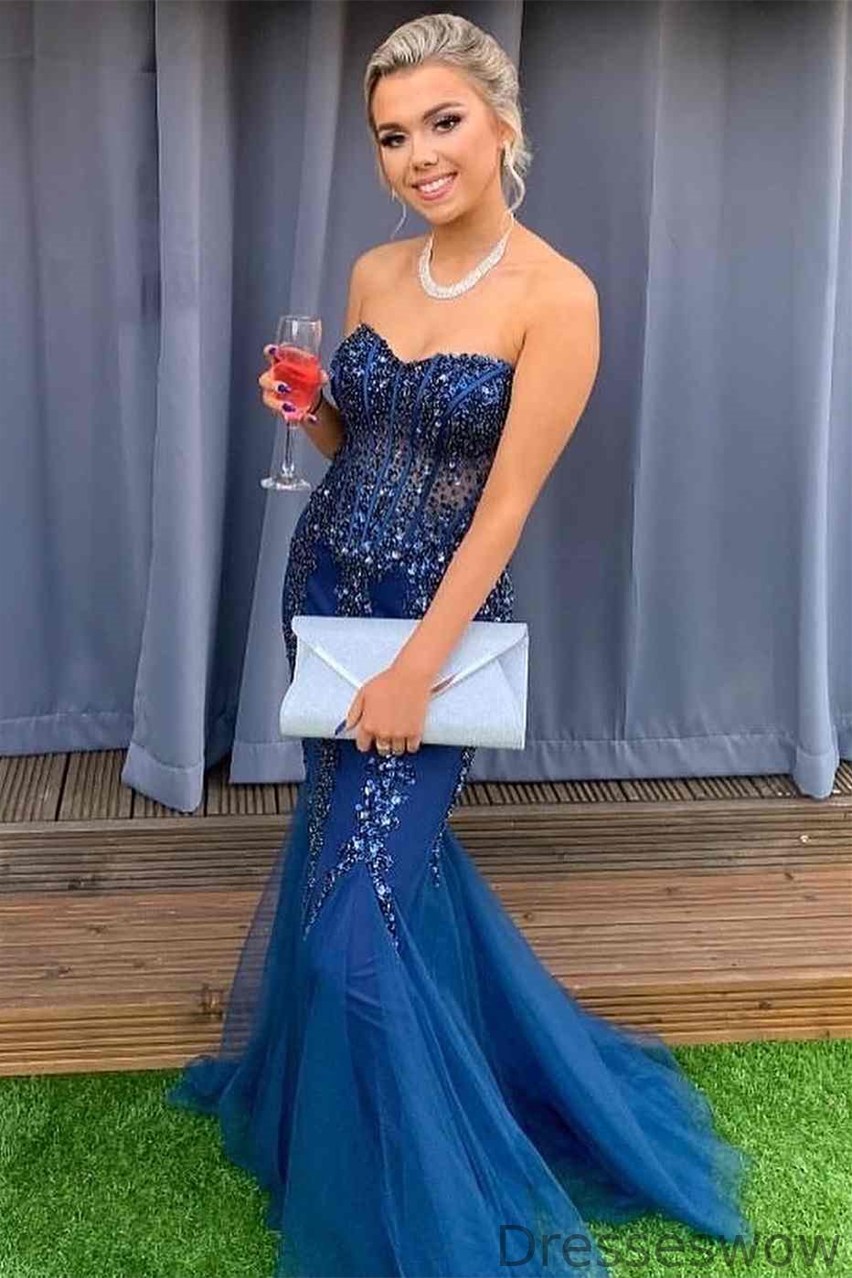 Dresseswow Dark Blue Sweetheart Mermaid Prom Dress Backless With Sequins Beadings