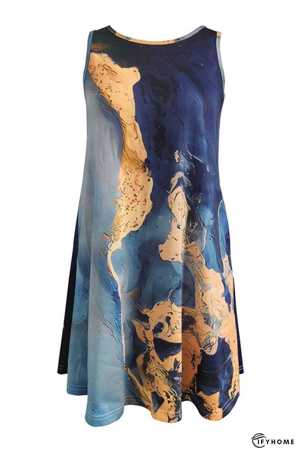 Abstract Print Round Neck Sleeveless Dress with Pockets | IFYHOME