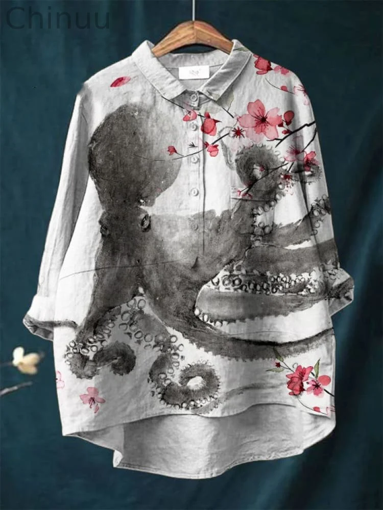 Vintage Japanese Octopus Pattern Art Print Casual Cotton And Linen Shirt