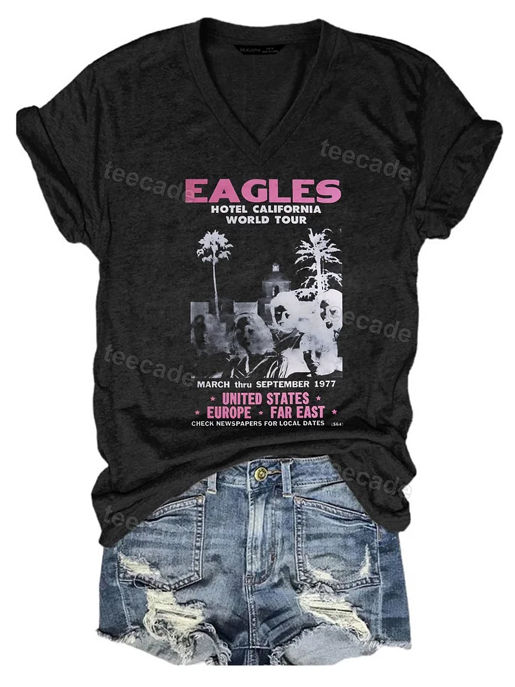 Teecade Teecade Eagles Band Hotel California World Tour V-neck T-shirt
