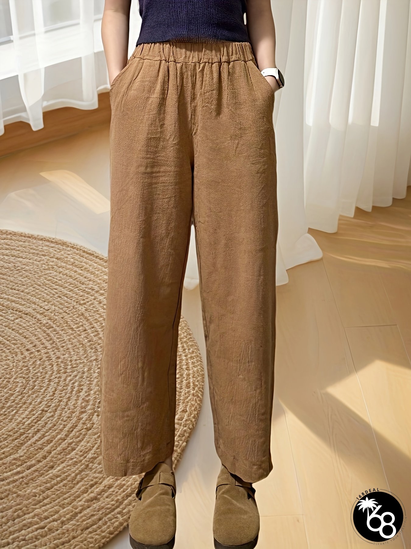 Womens Olive Green Wide Leg Cropped Pants Casual Loose Fit with Elastic Waistband | 168DEAL