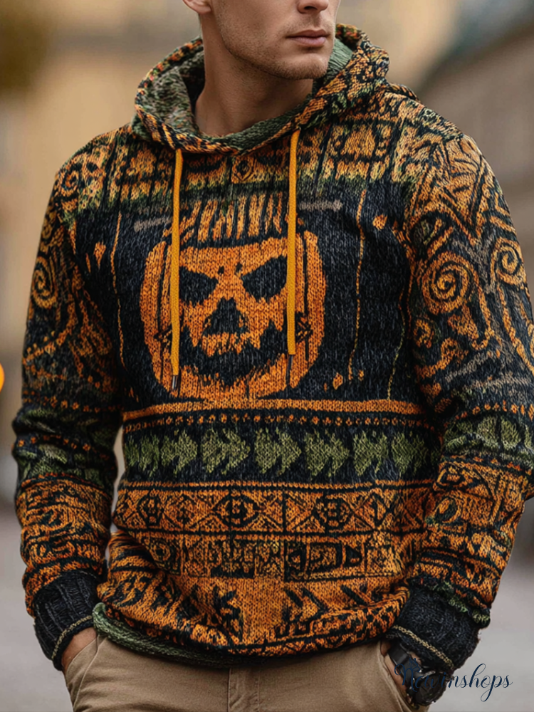 Halloween Pumpkin Element Men's Hooded Warm And Thick Warm Sweater