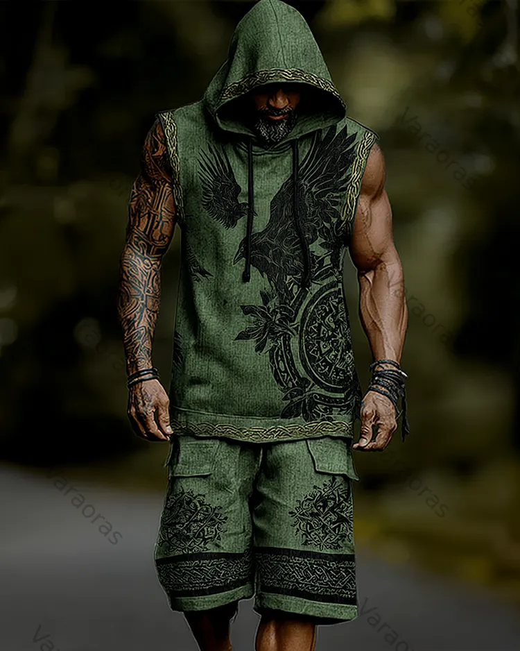 Men's Viking Color-Block Embroidered Linen Sleeveless Hooded Top and Pants Two-Piece Set 9385