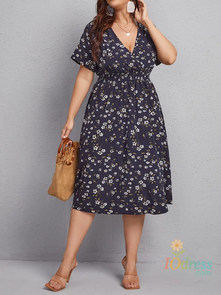 IO Dress Plus Size Women's Dress, Flower Print Waist A-Line Dress, V-Neck Short Sleeves, the First Choice for Vacation and Casual Summer IO Dress