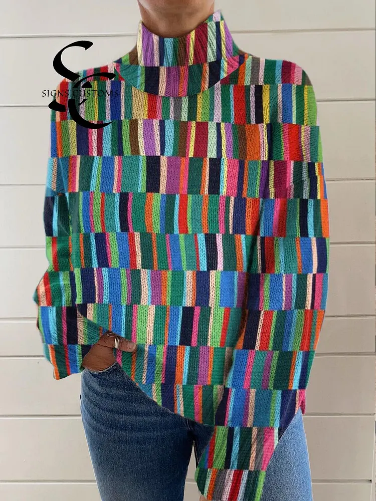 Women's Geometric Pattern Art Print Knit Turtleneck Pullover Sweater