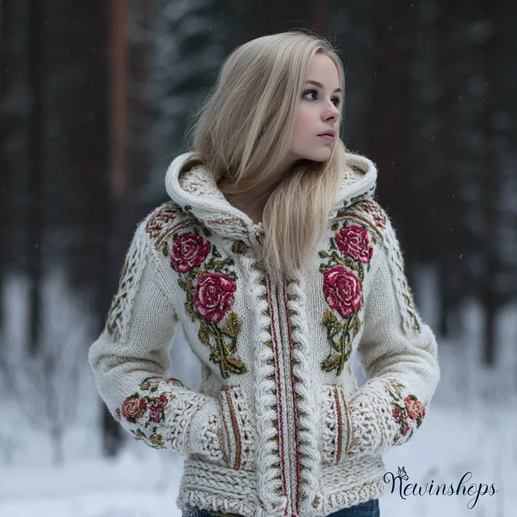 Viking Style Celtic Knot Rose Hooded Cardigan Sweater