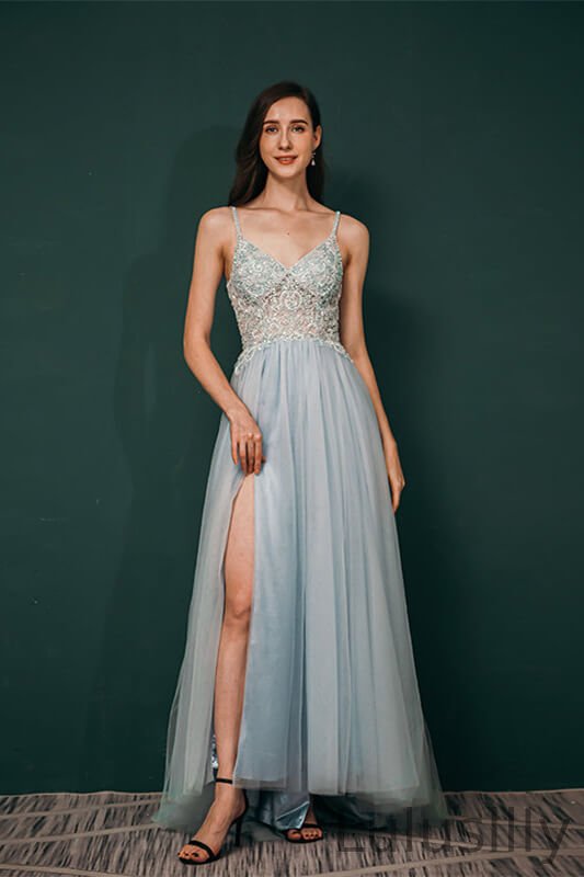 Gorgeous Spaghetti-Straps Tulle Evening Dress Long Split Open Back With Lace Appliques - lulusllly