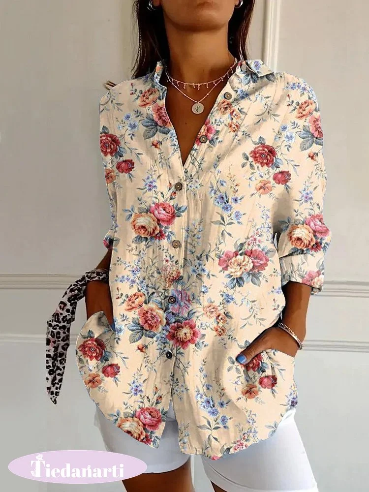 Vintage Floral Art Print Casual Long Sleeve Shirt