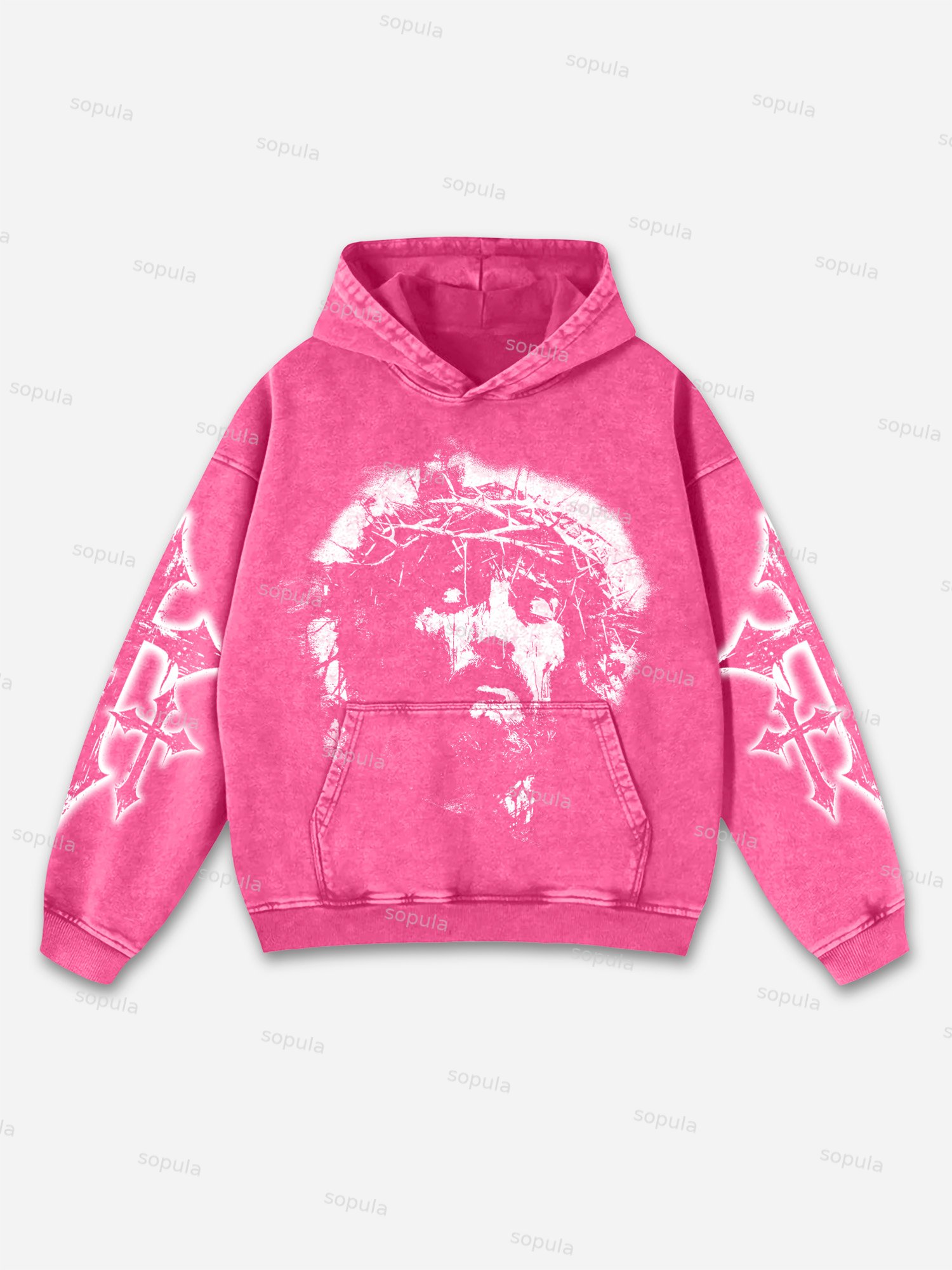 Vintage Jesus Print Graphic Acid Washed Oversized Hoodie