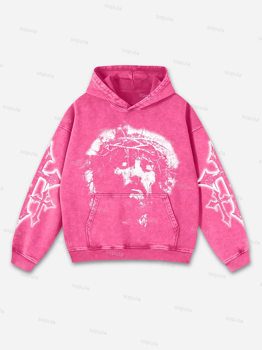 Vintage Jesus Print Graphic Acid Washed Oversized Hoodie