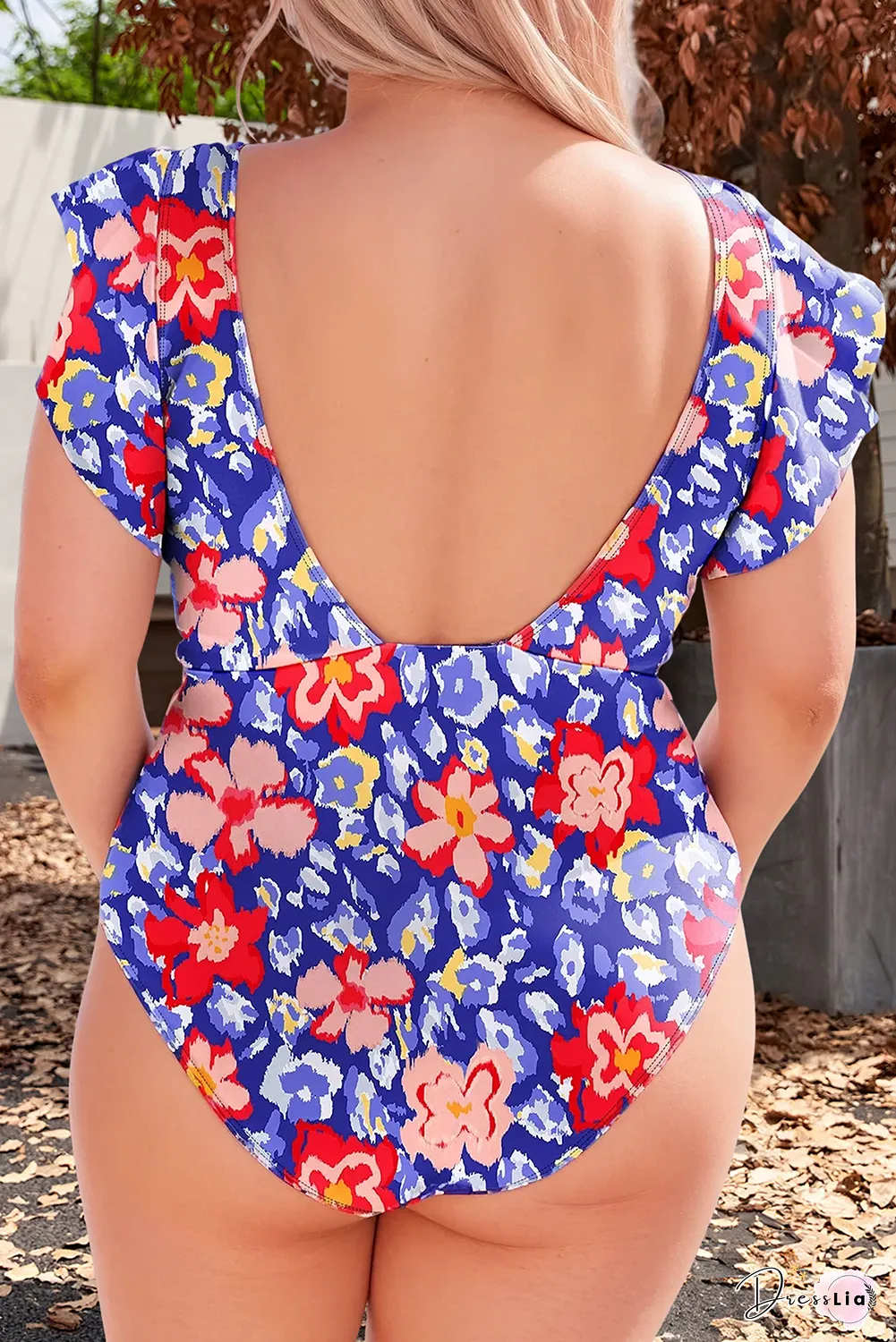 Plus Size Floral Ruffle Backless One Piece Swimsuit