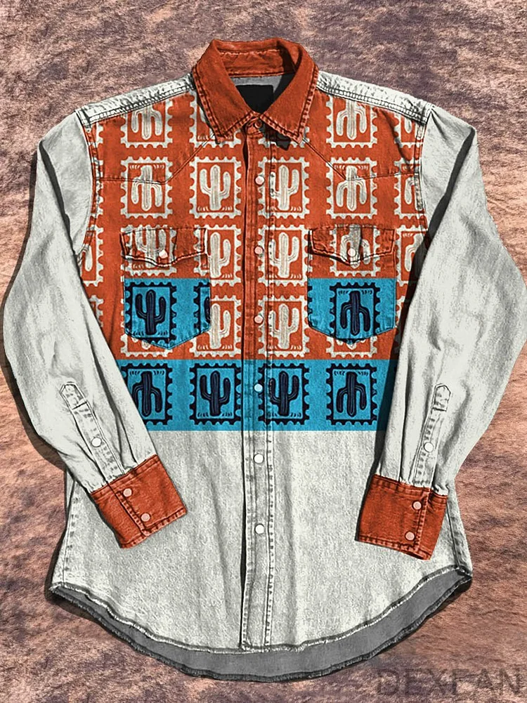 Orange Cactus Arrangement Pattern Vintage Print Casual Shirt