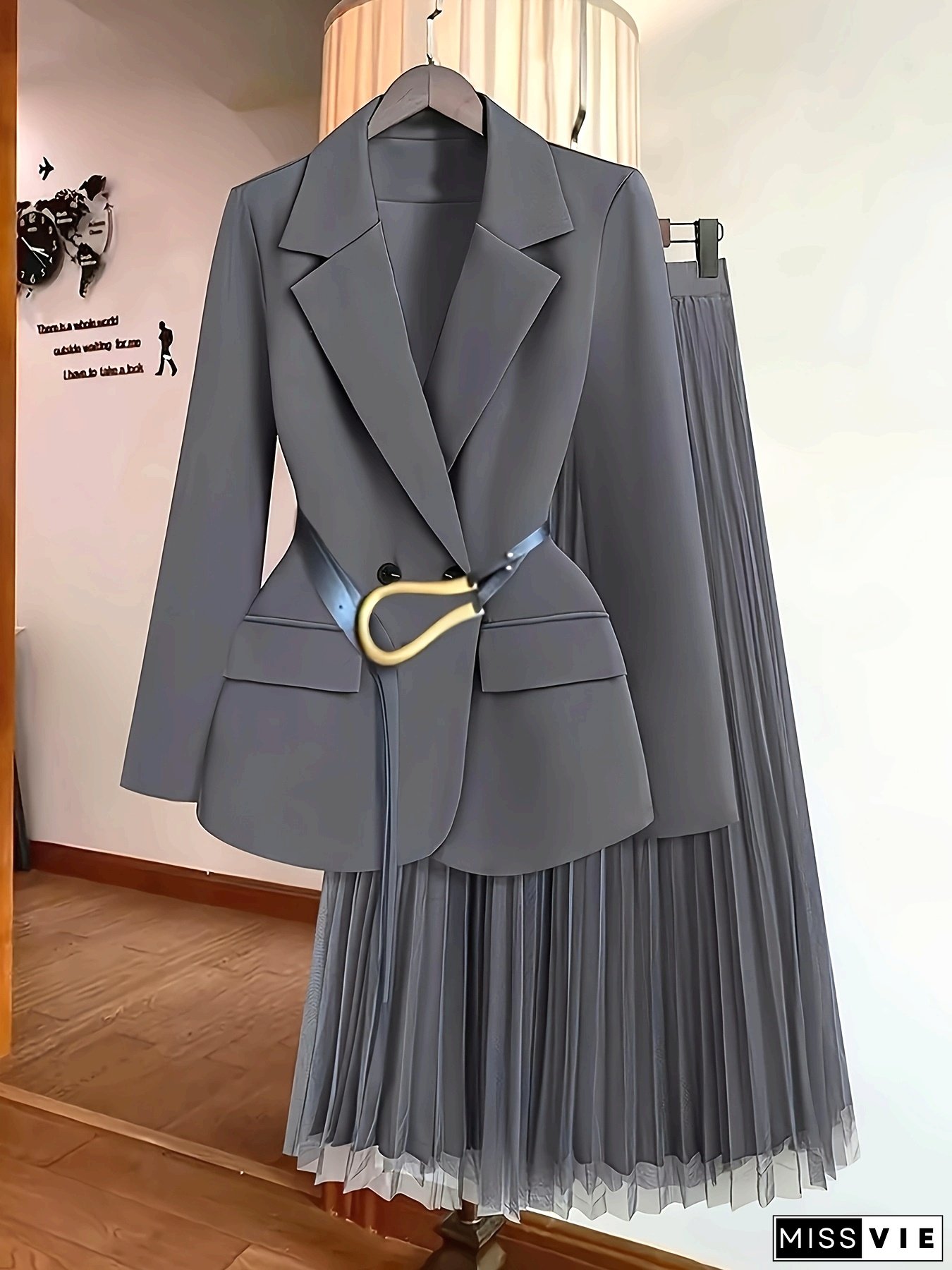 Ladies Elegant Solid Color A-Line Skirt and Cardigan Collar Blazer Set, Polyester, with Belt, for Casual, Commuter, Spring/Fall