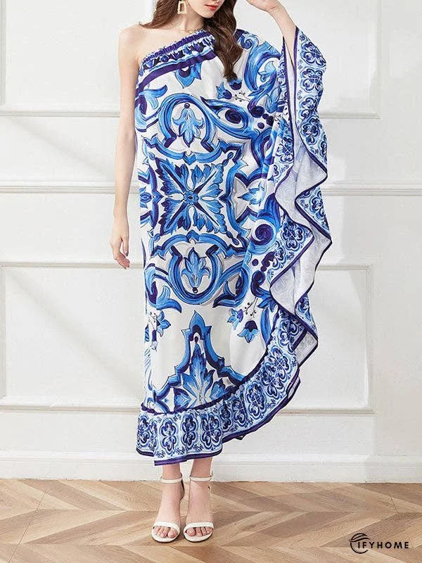 Flared Sleeves Contrast Color Floral Printed One-Shoulder Midi Dresses | IFYHOME