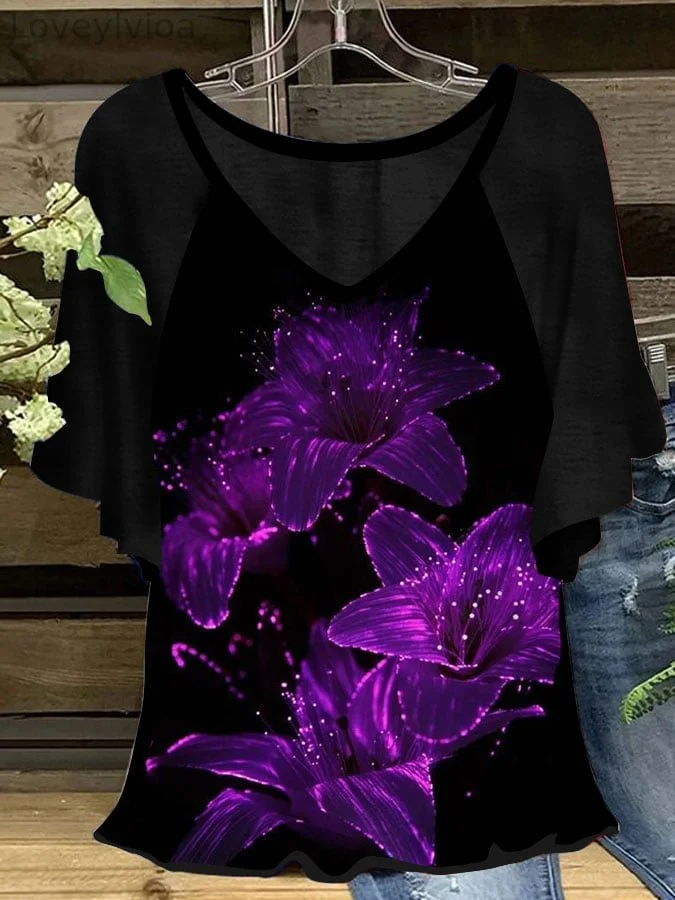Women's Alzheimers Awareness Purple Flower Print V-Neck T-Shirt