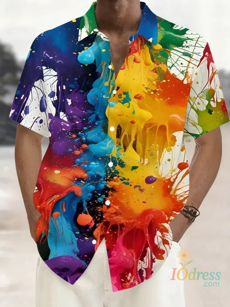 IO Menswear Men's Summer Casual Shirt Vibrant 3D Print Graffiti Art Short Sleeves Lapel Button-Up Top Stylish Streetwear Colorful Shirt Man